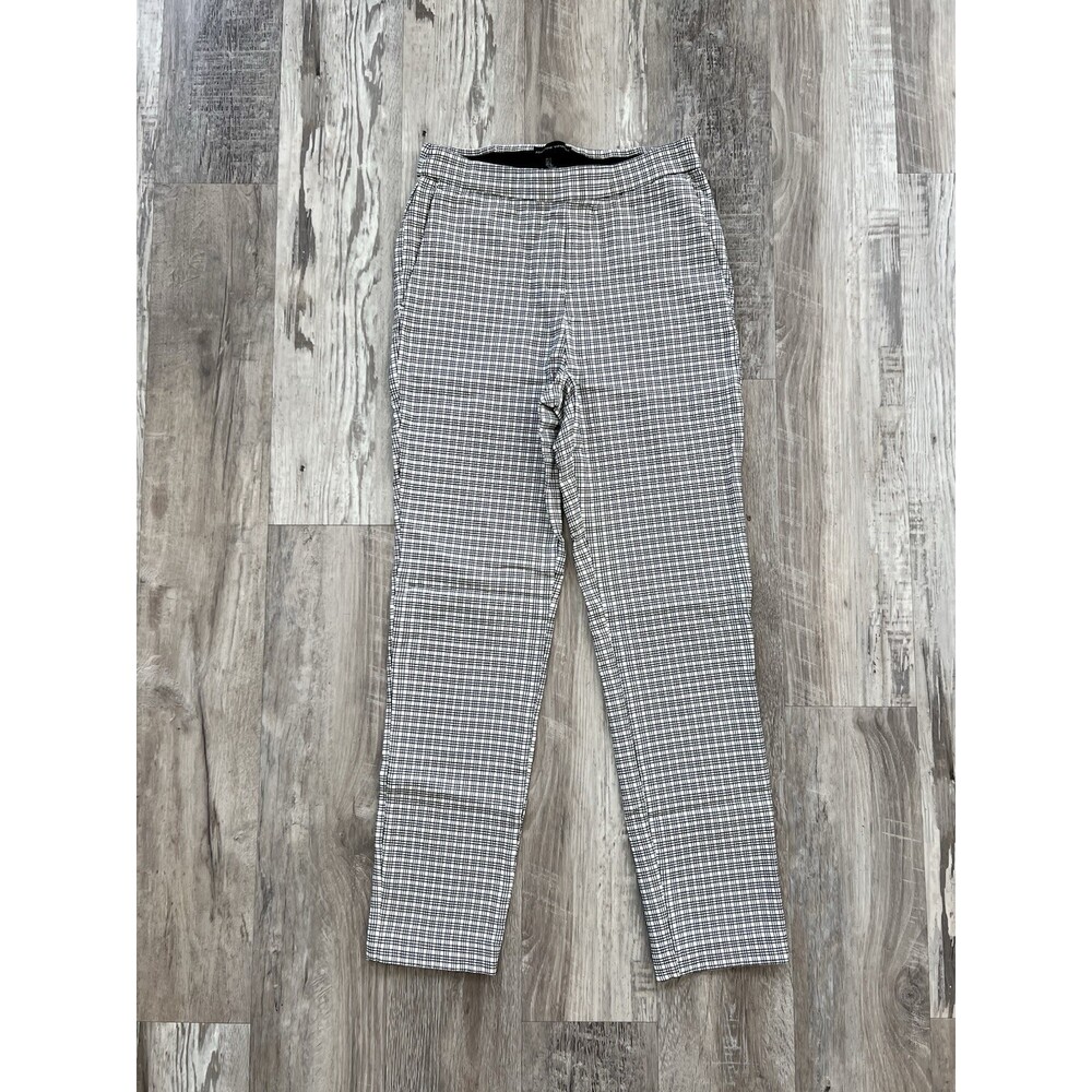 Adrienne Vittadini Pull On Dress Pants Stretch Black White Plaid Checkered Sz 2